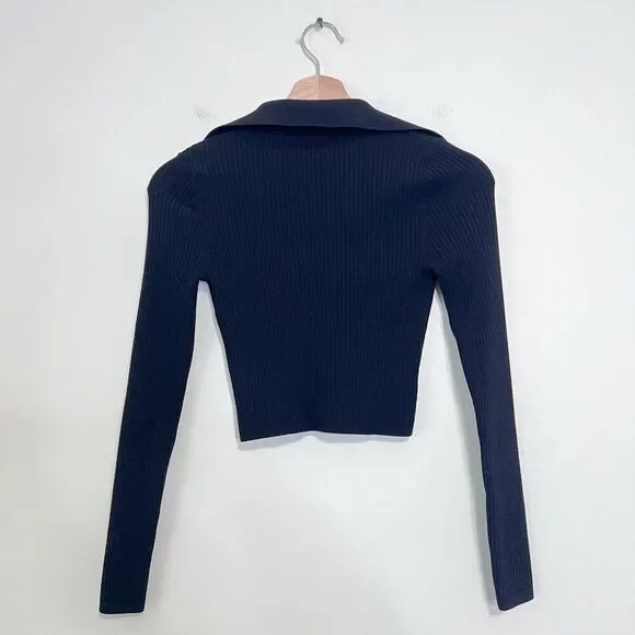 Aritzia Babaton Black Sculpt Knit Long Sleeve Polo Cropped Ribbed Knit Top XS - Picture 6 of 8